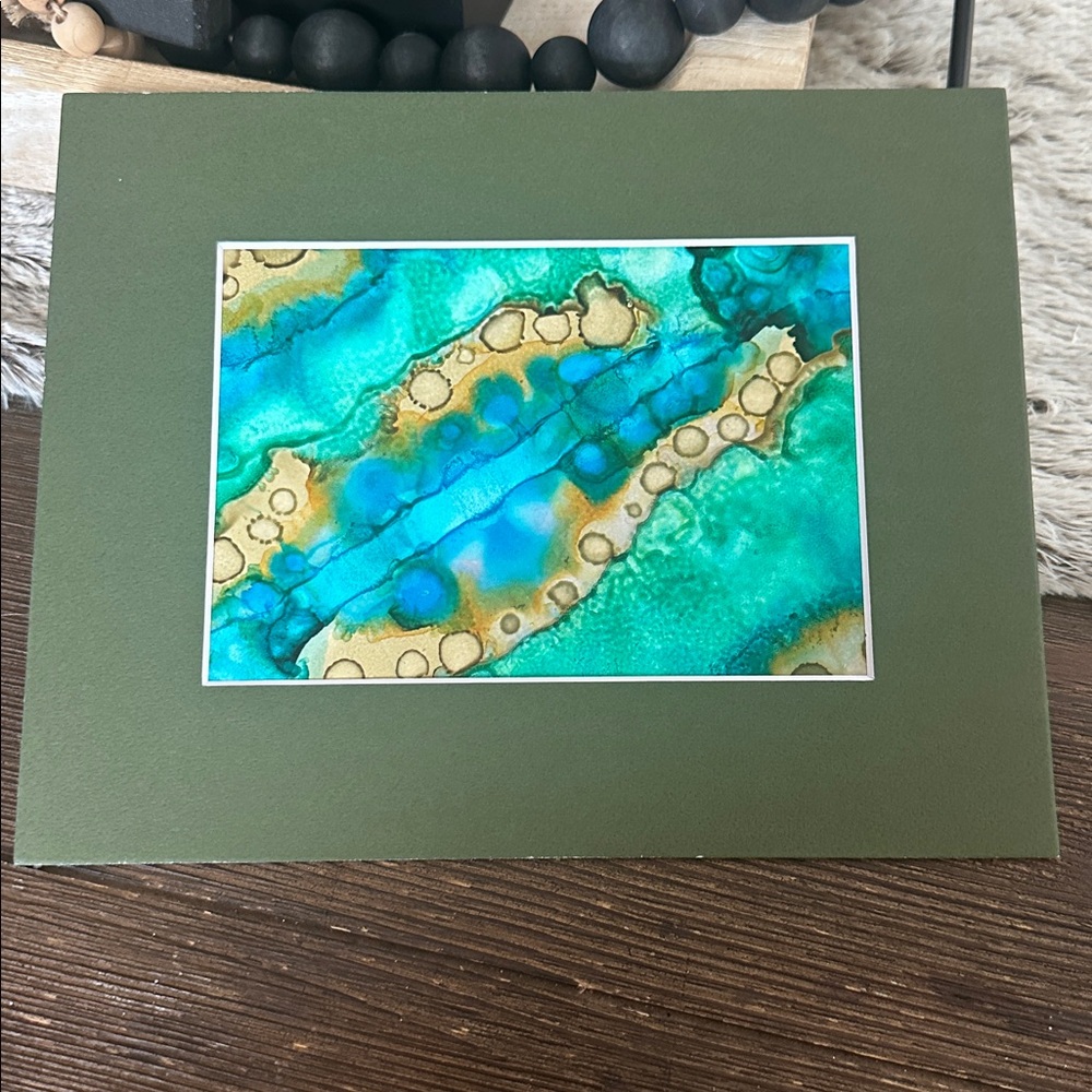 Hand crafted abstract original blue green alcohol ink wall decor painting